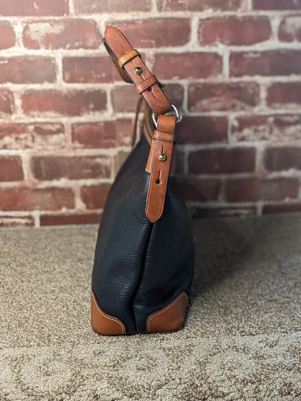 Dooney Bourke Pebble Grain Hobo Shoulder Bag Black Leather Tan Trim